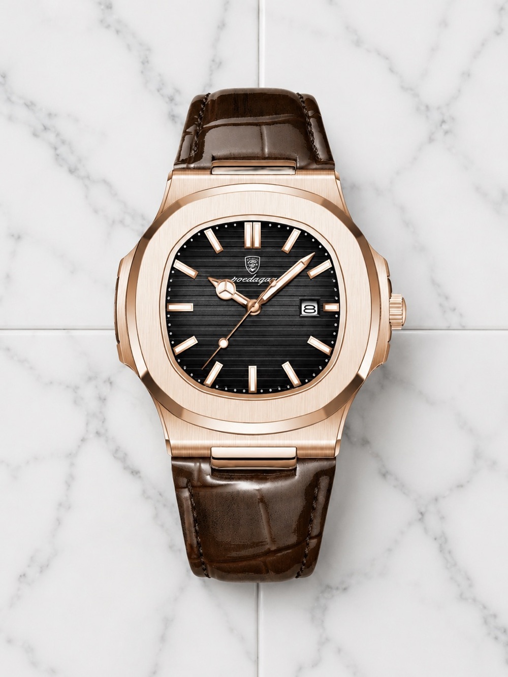 Rose Gold Case Brown Leather Strap Men's Watch - Black Dial